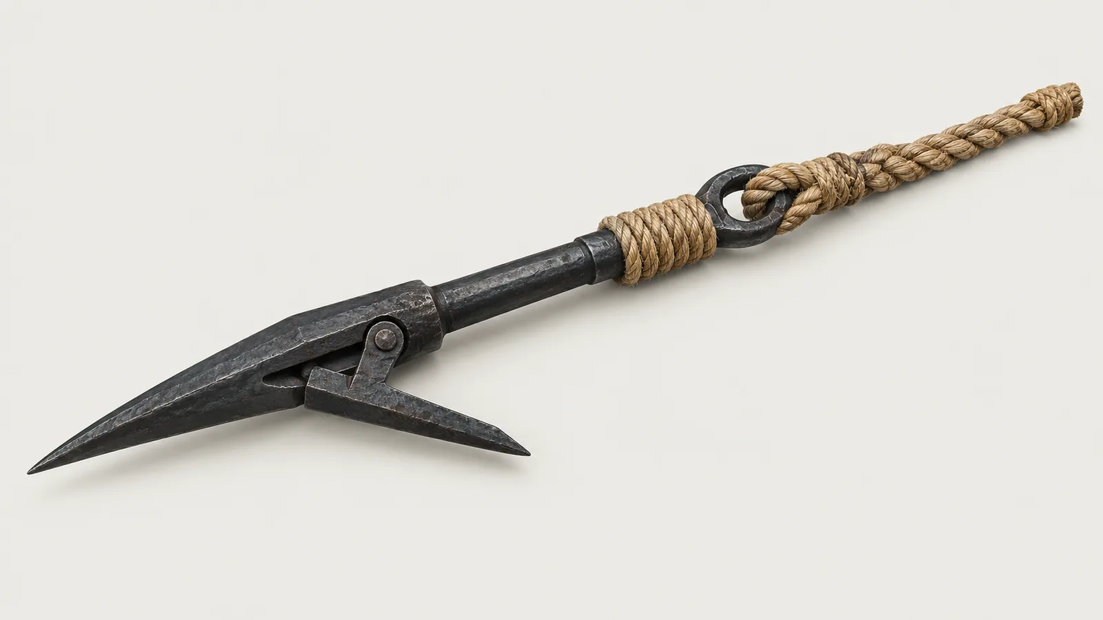 A forged harpoon head on its hemp line